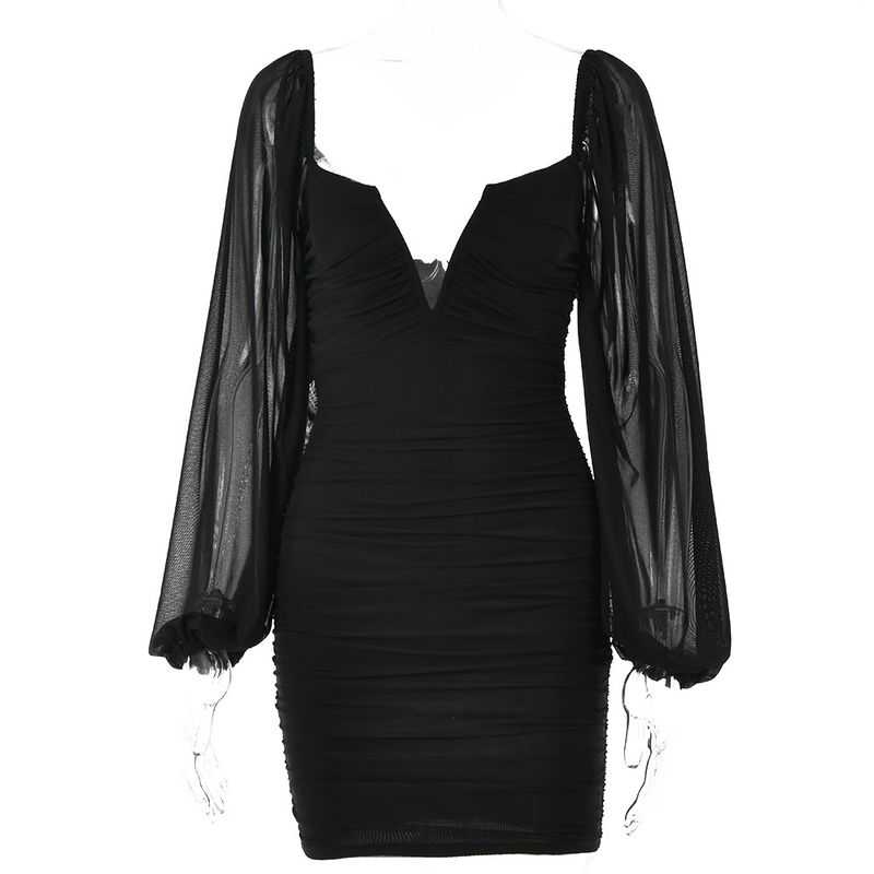 European and American fashion sexy women's temperament V-neck short skirt gauze long-sleeved backless dress for women_voghion.com
