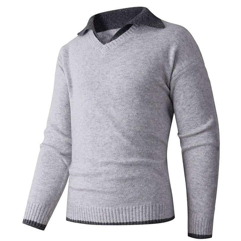 Maglione da uomo con colletto polo in maglia spessa – Pullover casual oversize (orlo a coste, color block, caldo ed elegante)_voghion.com