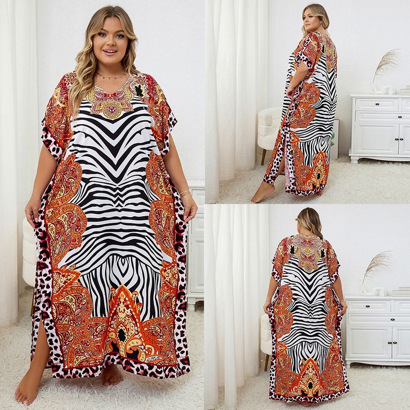 Copricostume lungo da donna in cotone stampato fluido - Tunica da spiaggia, Kimono boho, Bikini avvolgente, Abbigliamento da resort (zebra, leopardo,_voghion.com