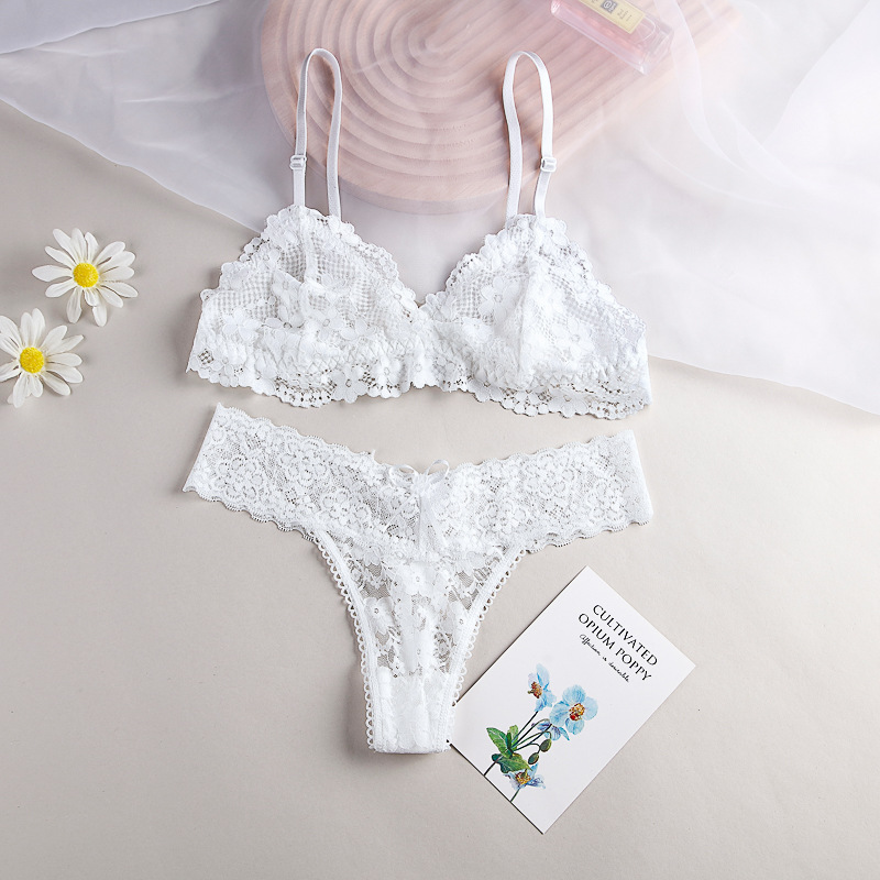Frauen Spitze Bh Höschen Set Nonwire Bralette Sexy Transparent Dessous Set Weiblichen Niedrigen Taille G-String Thongs Mode_voghion.com