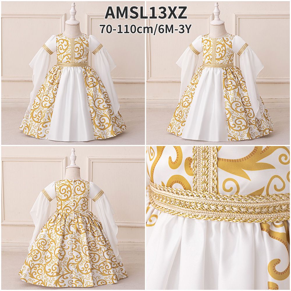 Kleinkind Mädchen Kleidung Muslimischen Kleid Druck Prinzessin Kleid Kinder Kleid Weiß Spleißen Kleid_voghion.com
