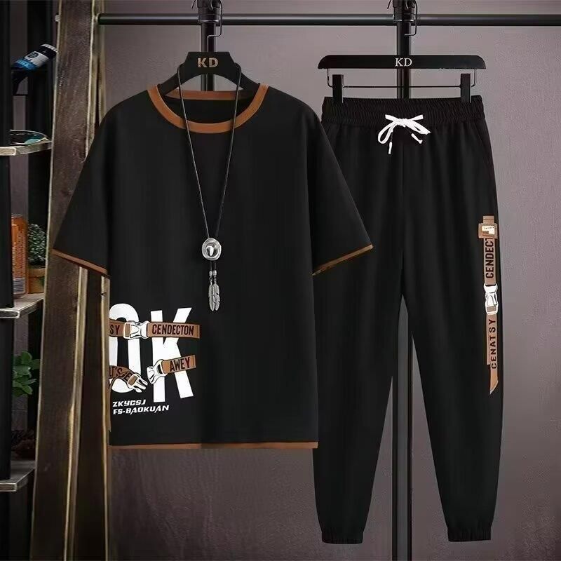 2025 Summer Outfit Men's Youth Short Sleeve T-Shirt Sports Pants Casual Student Stylish Clothes Two-Piece Set Trendy_voghion.com