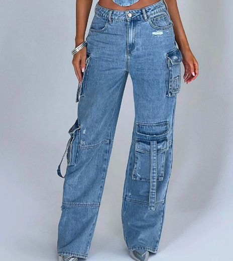 Vêtements pour femmes, nouvelle mode, couleur unie, assortis, grande taille, taille haute, multi-poches, pantalons de travail décontractés en denim_voghion.com