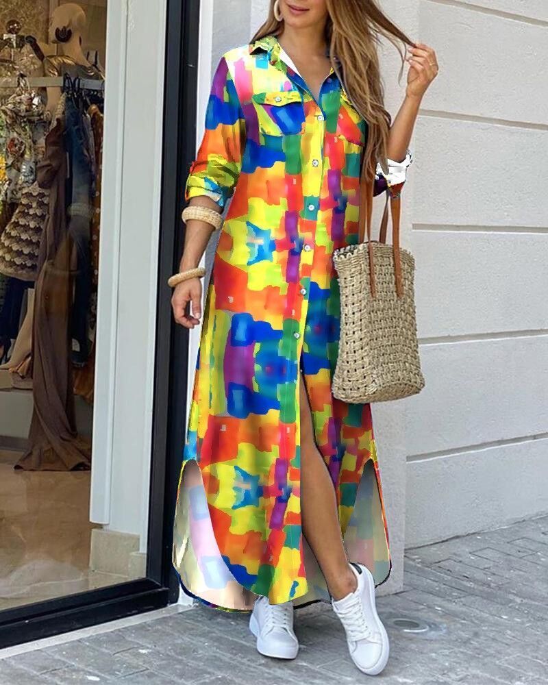 Vestido largo con falda camisera de manga larga a la moda para mujer_voghion.com