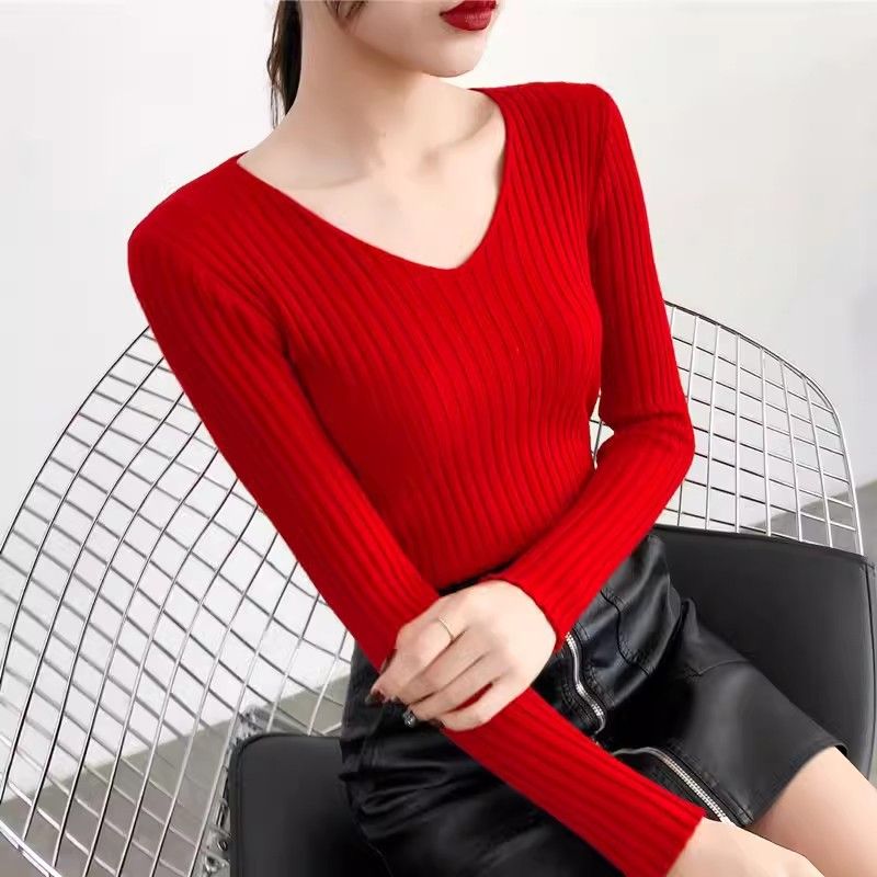 Maglione lavorato a maglia da donna con scollo a V, vestibilità attillata, manica lunga ed elasticizzato, per autunno inverno_voghion.com