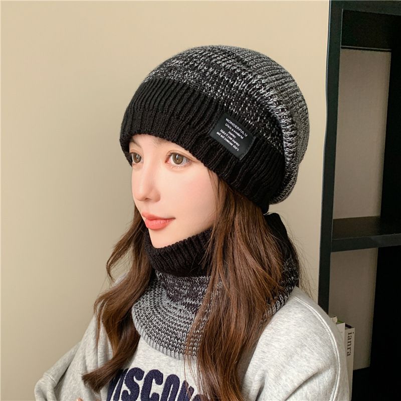 New plush woolen thick warm in autumn winter, large head knitted hat, versatile for men and women, gradient hat collar_voghion.com