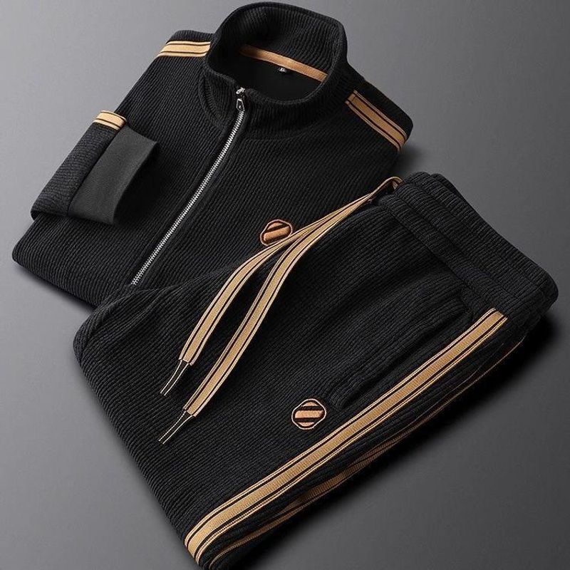 Men's Clothing Light Luxury Autumn And Winter Warm Solid Color Leisure Sports Suit Slim Fit Jacket Men's Straight Striped Two Piece Suit_voghion.com