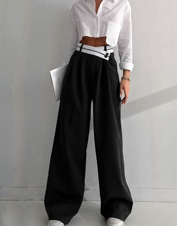 Damenbekleidung Hohe Taille Temperament Elegante Kontrastfarbe Kreuz Taille Weite Beinhose_voghion.com