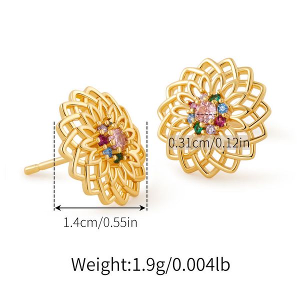 Orecchini a forma di fiore cavo con zirconi, orecchini di lusso leggeri e alla moda, di alta qualità, placcati in rame con vero oro K_voghion.com