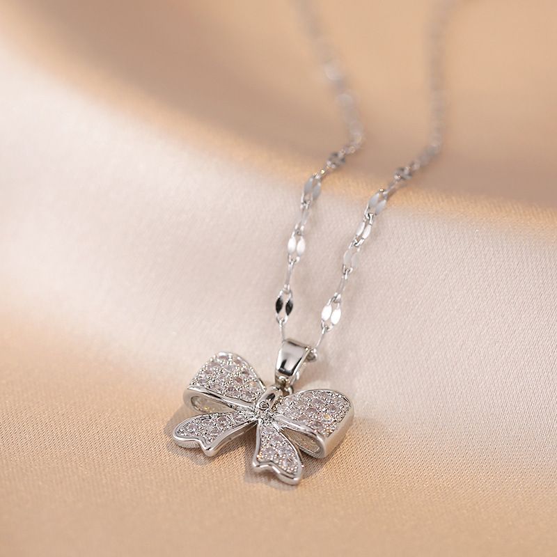 Korean Style Full Diamond Bowknot Necklace For Women, Light Luxury Niche New Copper Zircon Pendant, Elegant Fashion_voghion.com