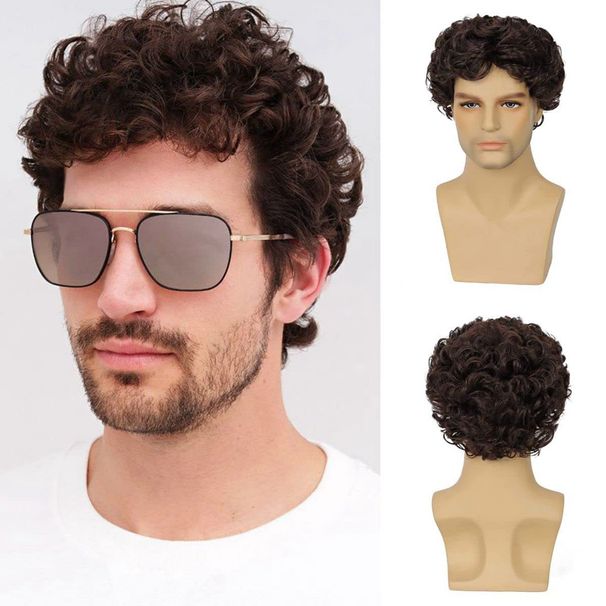 Synthetic Clip-in New Wigs Men's Brown Synthetic Wigs Fashion Short Curly Fluffy Small Curly Wig_voghion.com