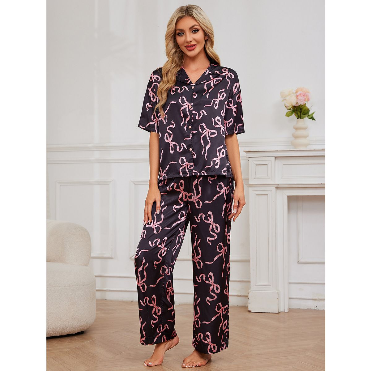 Luxury Satin Pajama Set Women's Short Sleeve Shirt & Pants - Breathable Loungewear For Spring Summer Fall_voghion.com