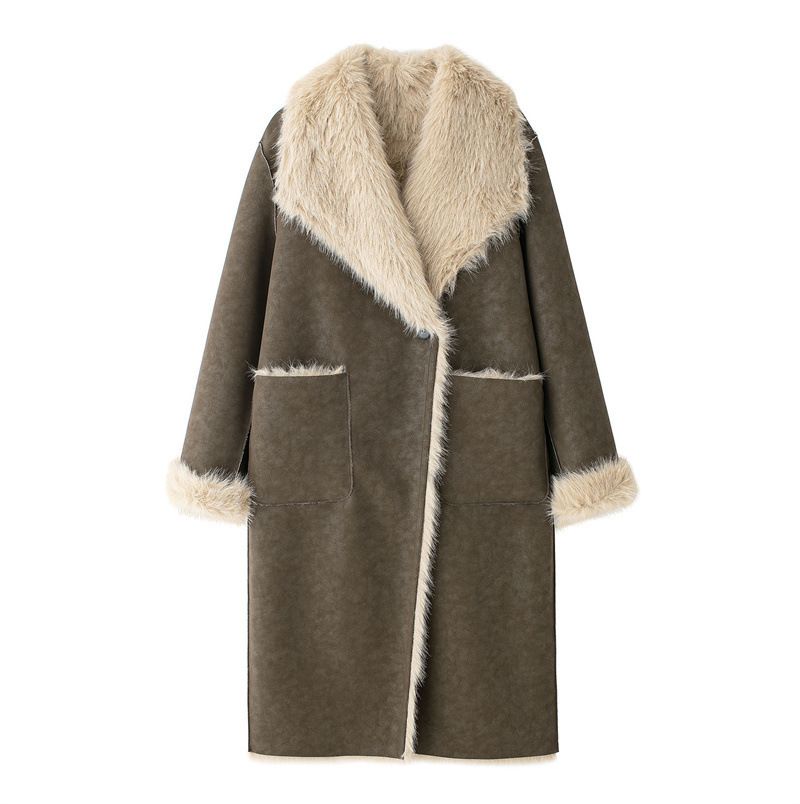 TAOP&ZA Women's Faux Fur Bomber Jacket With Pocket Accents, Long Sleeve Lapel Coat For Elegant Casual Wear_voghion.com