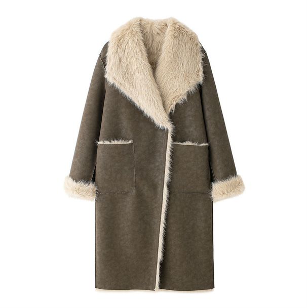 TAOP&ZA Women's Faux Fur Bomber Jacket With Pocket Accents, Long Sleeve Lapel Coat For Elegant Casual Wear_voghion.com
