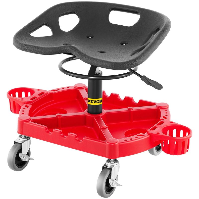 VEVOR Rolling Garage Stool, 300LBS Capacity, Adjustable Height From 18 In To 23 In, 360-degree Swivel Wheels (4"), Large Tool Tray With Two Bottle Holder, For Workshop, Auto Repair Shop, Red_voghion.com