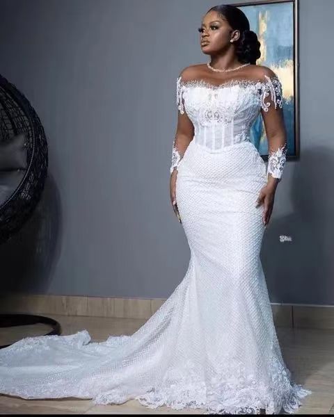 Women's Clothing Fishtail wedding dress one shoulder lace long sleeved dress with tail African bride summer_voghion.com