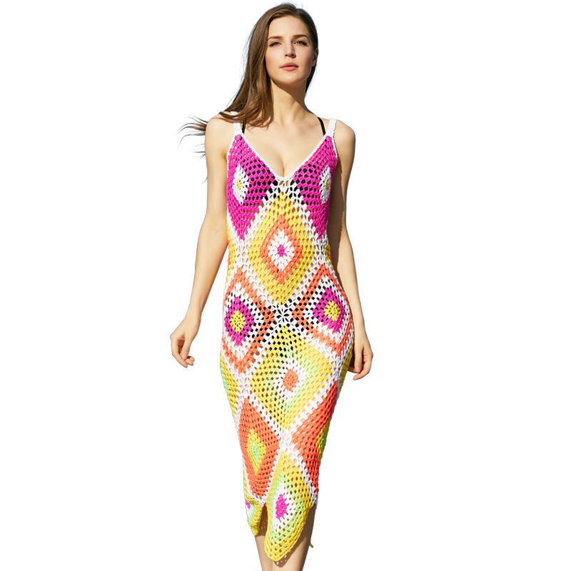 Handgehäkeltes sexy Strandkleid mit Trägern und Taillenformung_voghion.com