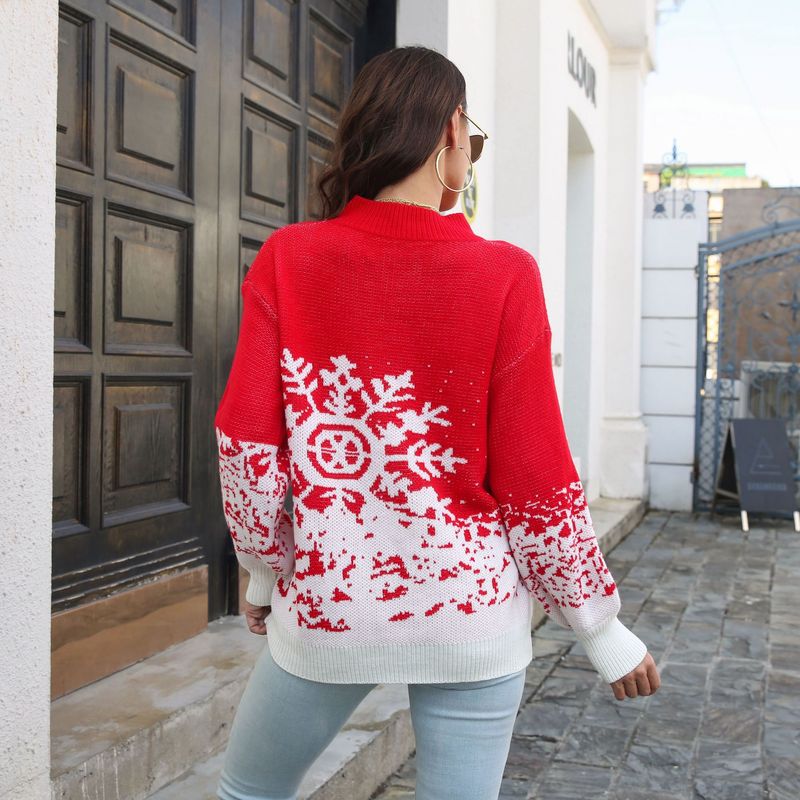 Damenpullover Weihnachtspullover für Damen mit Schneeflocken-Jacquard-Laternenärmeln lockerer Herbst und Winter_voghion.com