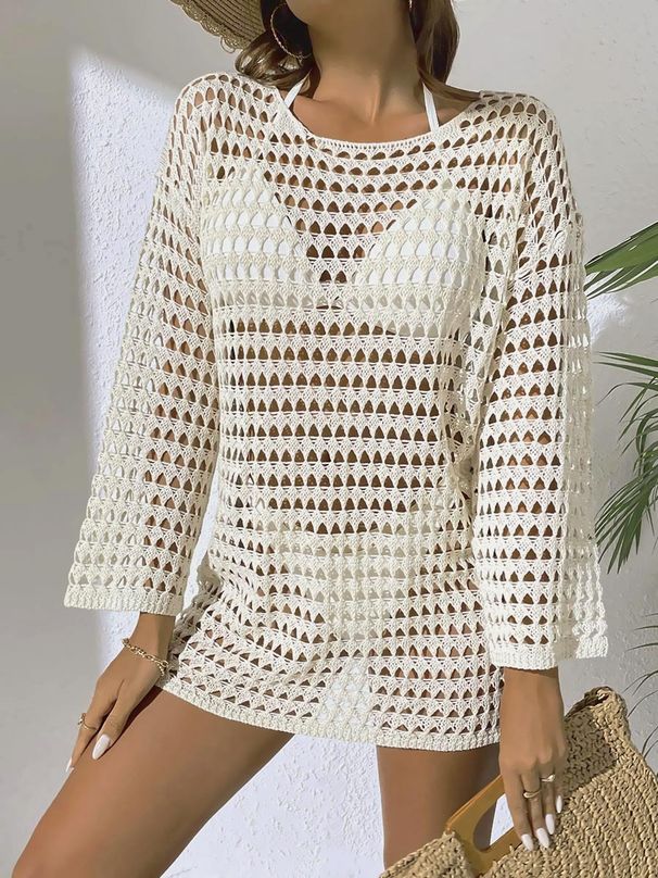 Women's Clothing Sexy Knitted Hollow Pullover Round Neck Long Sleeved Bikini Swimsuit Blouse_voghion.com