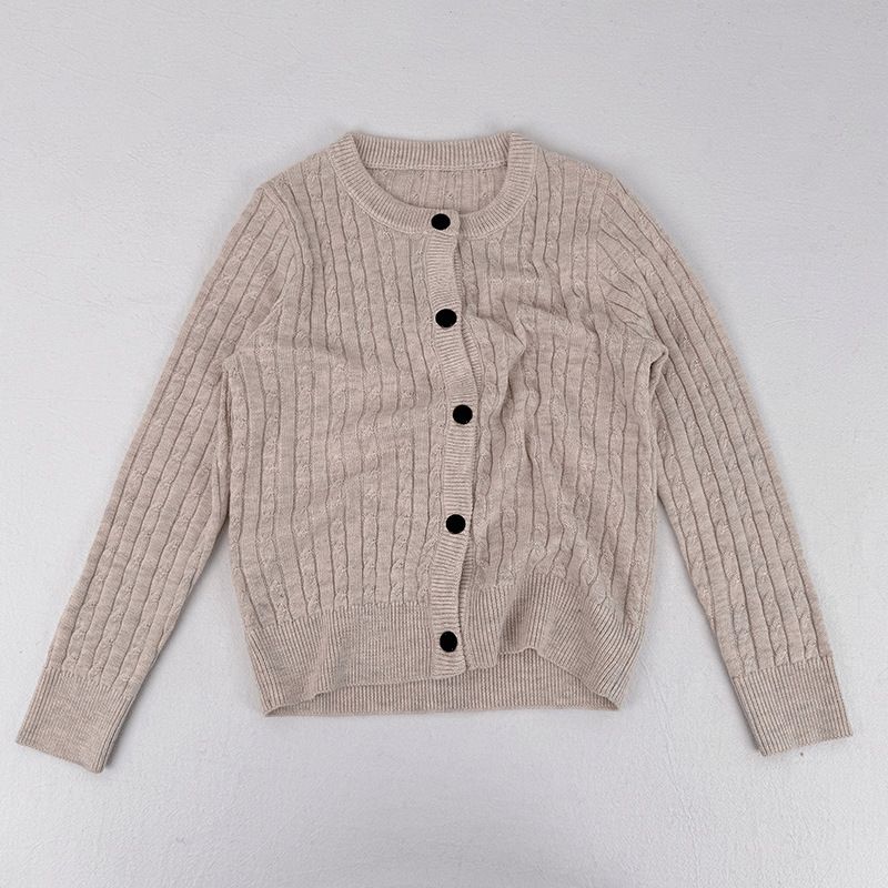 "Unisex kabelgebreide cardigan voor kinderen - Klassieke knoopjas (80-150 cm) - Grijs/Marineblauw/Abrikoos"_voghion.com