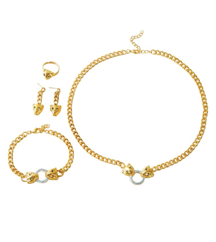 Conjunto de joyería con colgante, pendientes, anillo y cabeza de leopardo, estilo cubano, collar y pulsera._voghion.com