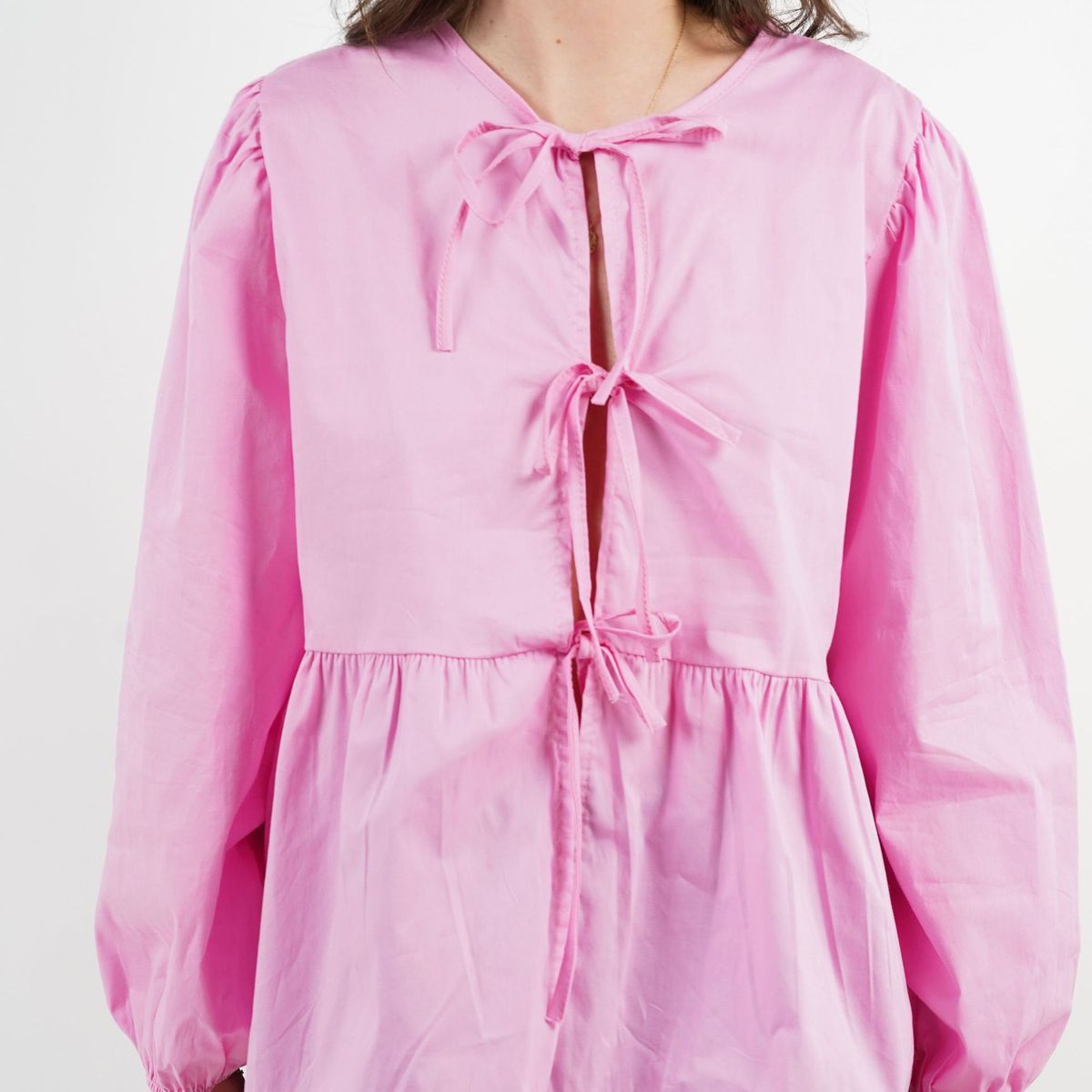 Abbigliamento da donna, nuova camicia a maniche lunghe a sbuffo con fiocco, tinta unita, a righe e a quadri_voghion.com