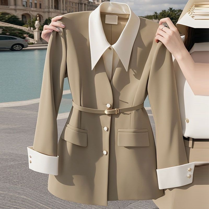 Îmbrăcăminte pentru femei Stil de toamnă devreme Jachetă neagră pentru costum din două piese Costum cu talie în stil de design de nișă pentru femei_voghion.com