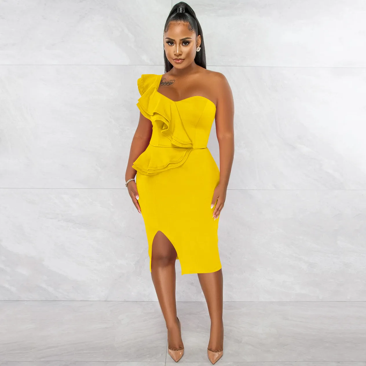 Women's Clothing fashion casual ruffled slit one shoulder sleeve dress women's clothing_voghion.com