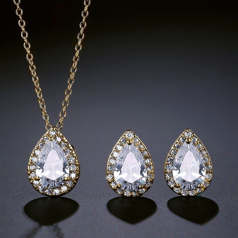 Collana e orecchini a goccia classici e popolari, moda, due pezzi, set di gioielli con zirconi AAA intarsiati_voghion.com