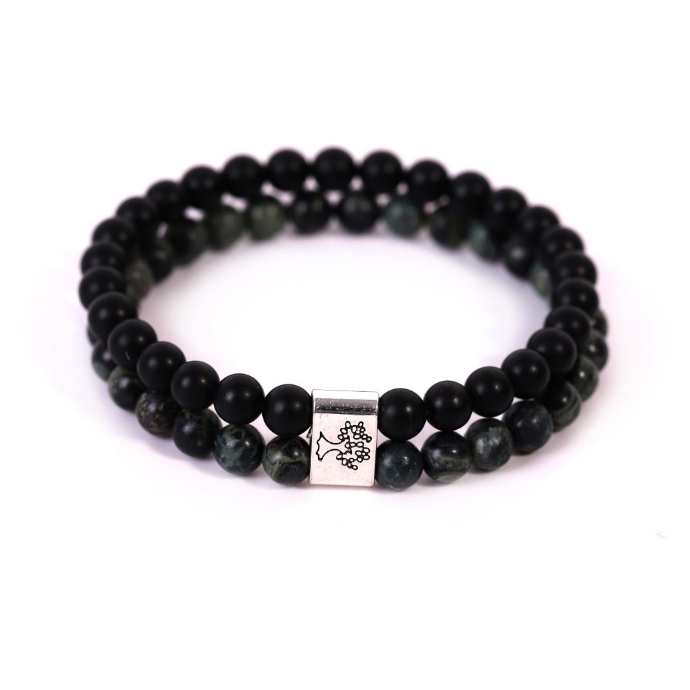 Double Layer Tree Of Life Bracelet - 6mm White Turquoise & Frosted Black Stone Beaded Bracelet With Bird Stone & Alloy Charm_voghion.com