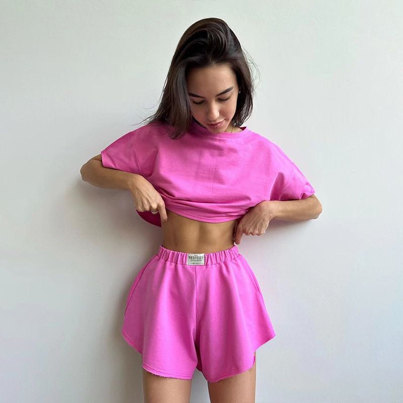 Damenbekleidung Sportanzug im kurzen Ärmeln, T-Shirt, Shorts mit weitem Bein, lässiges zweiteiliges Set_voghion.com