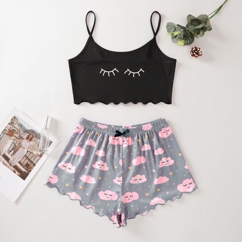 Frauen Nachtwäsche Dünne Ärmellose Weste Hosenträger Top Shorts Home Kleidung Zweiteiler Anzug Pamas Weiblich_voghion.com