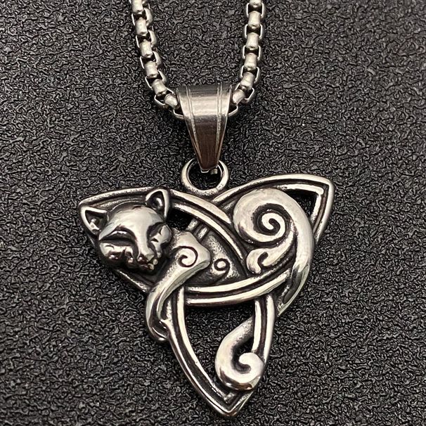 Collana con ciondolo a forma di gatto con nodo celtico Triquetra da donna, set di catene punk retrò vintage cool_voghion.com