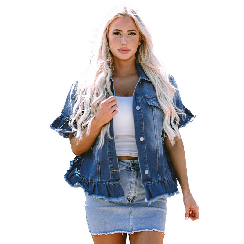 Women's Clothing New Gradient Color Raw Edge Denim Jacket Fashion Single Breasted Multi Button Short Sleeved Tops Women_voghion.com
