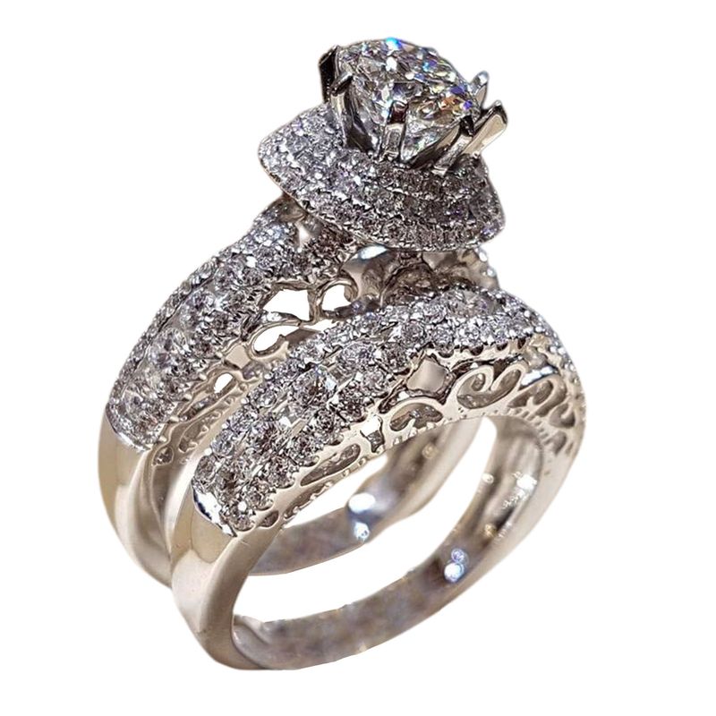 Qianbihe 1 Pair Couple Rings Shiny Cubic Zirconia Jewelry Electroplated Exquisite Rings for Wedding-Silver US 6_voghion.com