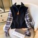 Women's Clothing Sweater Vest High Collar Layered Collar Knit Sweater Vest With Plaid Shirt Sleeves - High Neck Casual Pullover For Autumn Winter_voghion.com