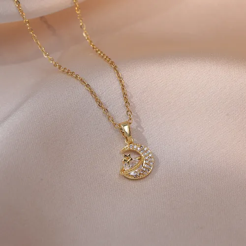 Necklace Women's Network Red Sweet Star Moon Zircon Geometry Small and Luxury New Design Sense Pendant Temperament Titanium Steel Necklace_voghion.com