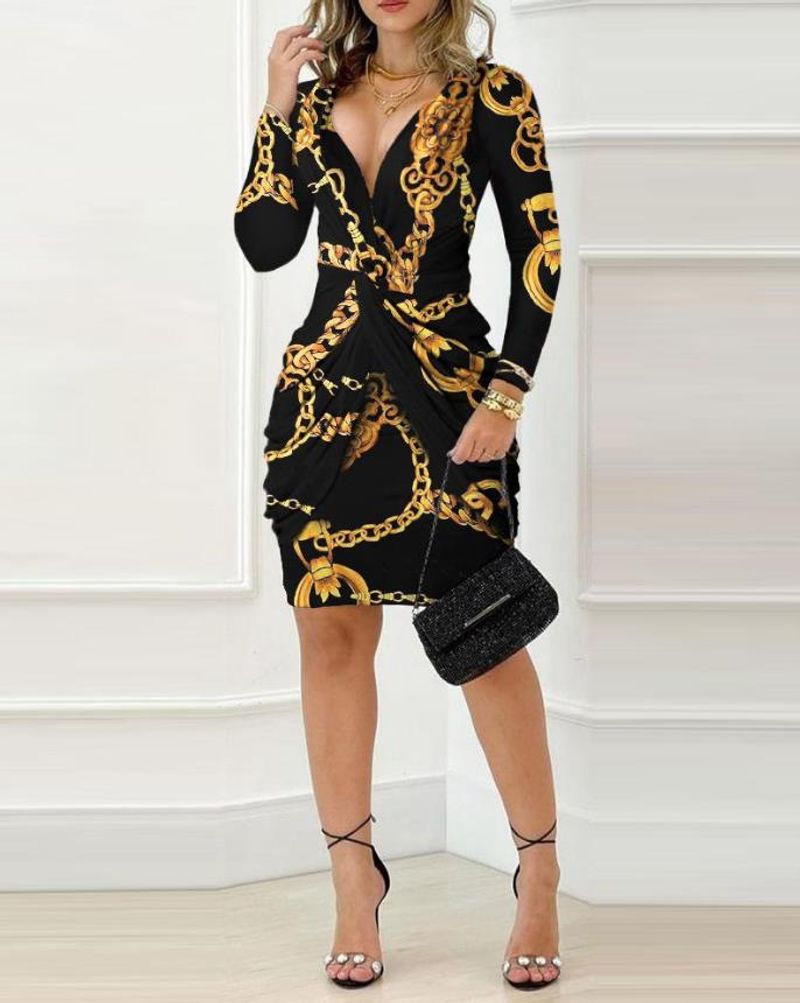 Women's chain print kink irregular long sleeve V-neck hip wrap dress_voghion.com