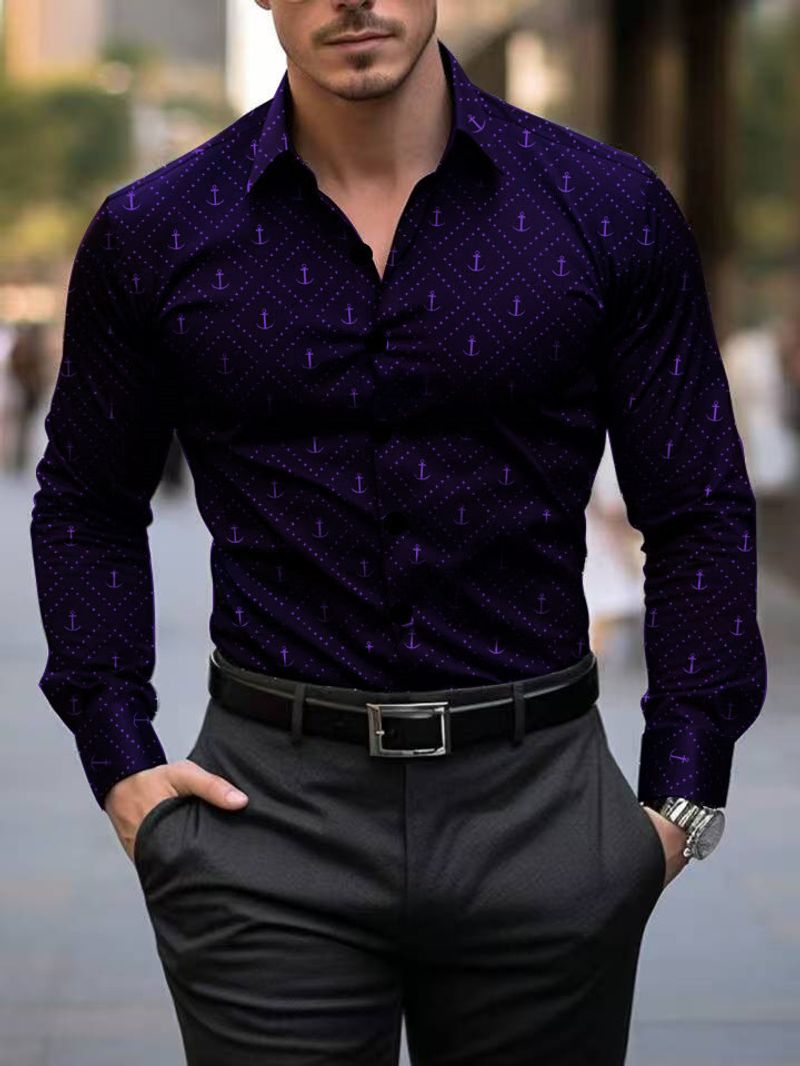 Men's Clothing Spring And Autumn Men's Shirt Youth Breathable Formal Wear Anchor Print Thin Men's Long Sleeved Shirt_voghion.com
