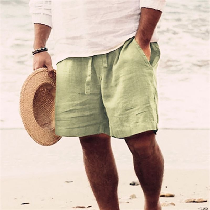 Premium Products 2025 Summer Cotton Shorts With Drawstring Elastic Waist Vacation, Solid Color, Breathable, Daily Beach, Five Points_voghion.com