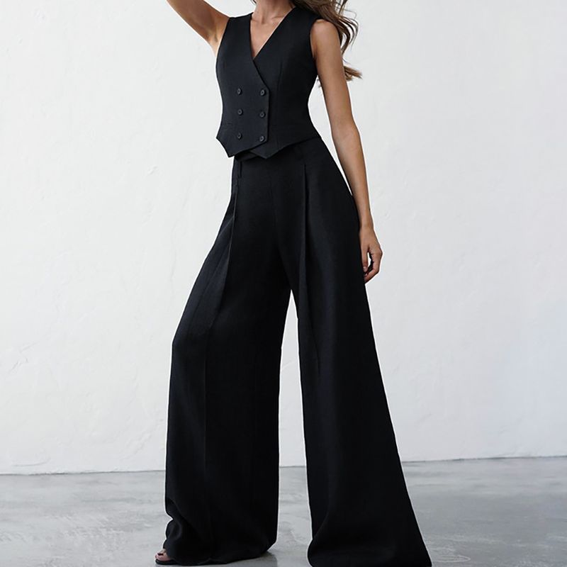 Moda estiva Gilet nero Gilet Pantaloni Abito stile Abito in due pezzi Nuovo abbigliamento casual da donna_voghion.com
