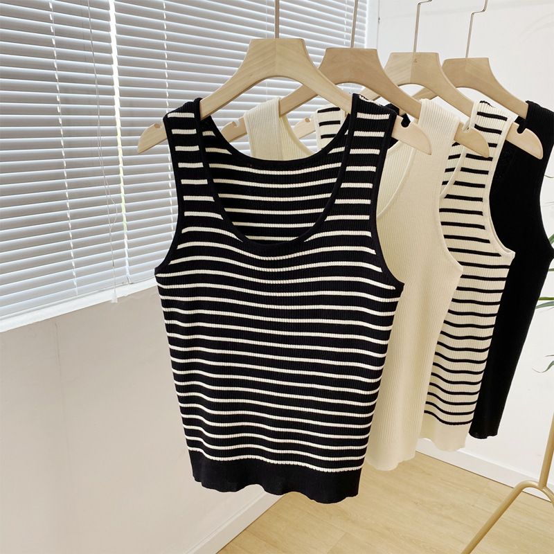 Gestreept vest van ijszijde met U-hals voor dames in de zomer, mouwloos design gebreid topje met onderkant, slim fit hemdje_voghion.com