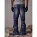 Industrial Washed Blue Distressed Straight Flared Jeans | Asian Cleanfit Style | Water Ripple Texture | Men's Relaxed Fit_voghion.com