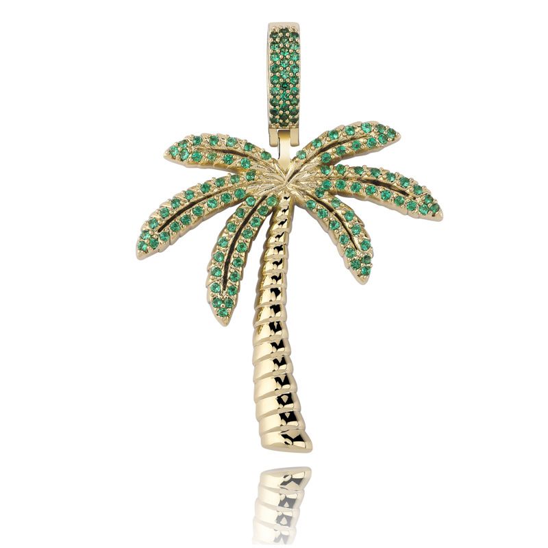 Gioielli Hip Hop da uomo - Ciondolo a forma di albero di cocco massiccio con zirconi colorati micro-intarsiati, catena a corda da 24" inclusa (oro/argento) Gioielli Hip Hop_voghion.com