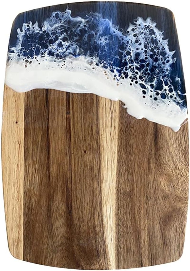 Wood Cutting Board Resin Blue Wave Pattern Charcuterie Boards, Cheese Serving Board Ocean Theme Meat Vegetable Fruit Party Tray for Kitchen Meal Prep_voghion.com