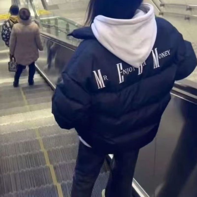 American letter printed black stand up collar cotton for winter, new unisex, loose and thick warm bread jacket_voghion.com
