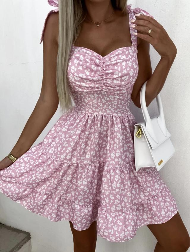 Sommermode Blumendruck Taille Plissee Kleid Für Frauen Y2k Casual Urlaub Strand Sommerkleid Spaghetti Strap Mini Kleid Weiblich_voghion.com