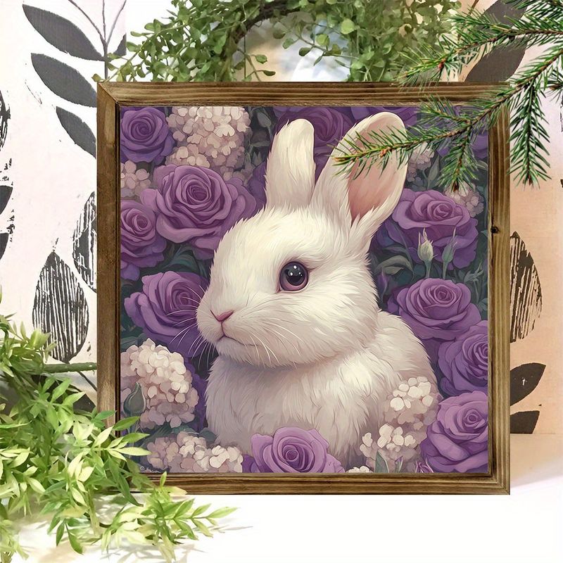 8x8 Zoll Holzschild mit Osterhase und lila Blumen – rustikale gerahmte Wandkunst für Bauernhaus, Veranda, Büro | perfektes Weihnachtsgeschenk_voghion.com