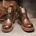Men's Classic Retro Work Boots - Mid-Calf Round Toe PU Leather Motorcycle Boots With Anti-Slip Thick Sole (Black/Brown)_voghion.com