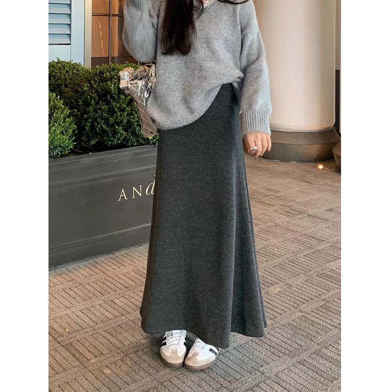 Gonna midi grigia GraceChic da donna, primavera autunno inverno, nuovo stile, elegante, a trapezio, a sirena, sottile, con elastico in vita, all'ingrosso_voghion.com